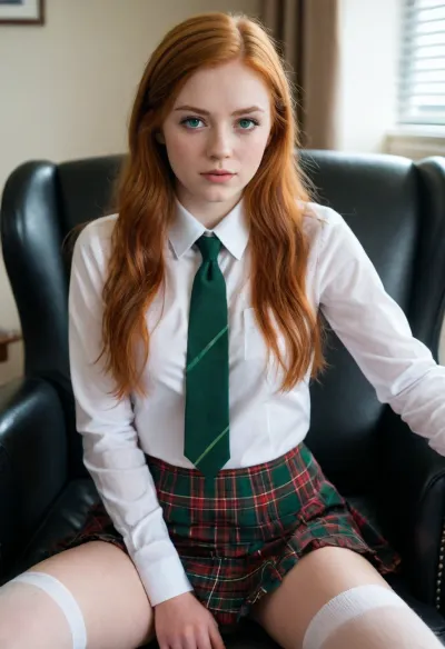 young adult 18yo, green-eyed fiery-ginger stunning beauty, offending student in college principal office, wearing college uniform, tartan micro skirt, knee-lenght white socks, white shirt, deep cleavage, nipples pokes out, sexy pose, naked pussy exposes, sits in armchair