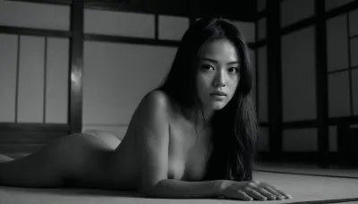 sigle 18 years old exotic beauty, mysterious and glamour, dark extra long hair, black and white picture, tan lines, inside a japanese castle, naked on tatami, begging for love