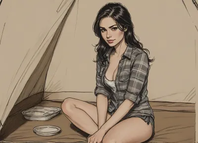 score_9, score_8_up, score_7_up, line art., ((A detailed pencil drawing with clean lines and meticulous shading)), sketch of a beautiful housewife in a camping tent, slender body, open flannel shirt and panties, very long black hair, kneeling, natural small breasts, smiling mischievously, supermodel face, big lips, long eyelashes, handslora, soft features, and a serene expression, ((drawing have delicate shading and intricate details, capturing the essence of the subject with fine pencil strokes)), ((background is simple, allowing the focus to remain on the portrait itself)), drawing by NTY, v0ng44g, sk3tch, .8>, ratatatat74, <lora:sketch_it:1.9>, <lora:ratatatat74-000050:.3>