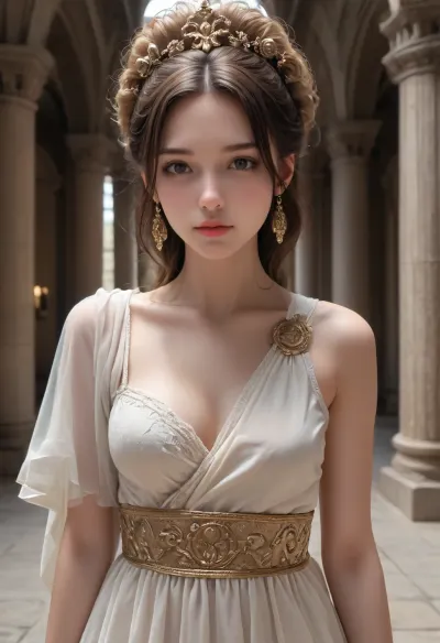 realistic photograph of the goddess Aphrodite, she is standing in a ornate marble temple, she is wearing beautiful ancient Roman robes, (one breast out)