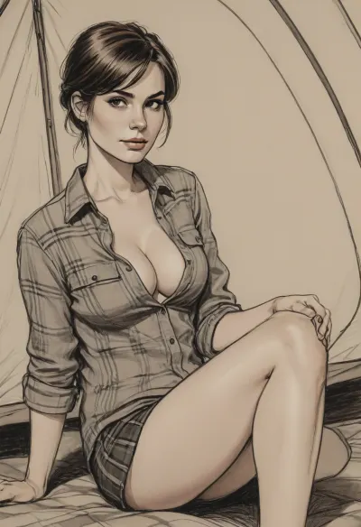 score_9, score_8_up, score_7_up, line art., ((A detailed pencil drawing with clean lines and meticulous shading)), sketch of a beautiful housewife in a camping tent, slender body, open flannel shirt and panties, very short hair, kneeling, cleavage, smiling mischievously, supermodel face, big lips, long eyelashes, handslora, soft features, and a serene expression, ((drawing have delicate shading and intricate details, capturing the essence of the subject with fine pencil strokes)), ((background is simple, allowing the focus to remain on the portrait itself)), drawing by NTY, v0ng44g, sk3tch, .8>, ratatatat74, <lora:sketch_it:1.3>, <lora:ratatatat74-000050:.8>