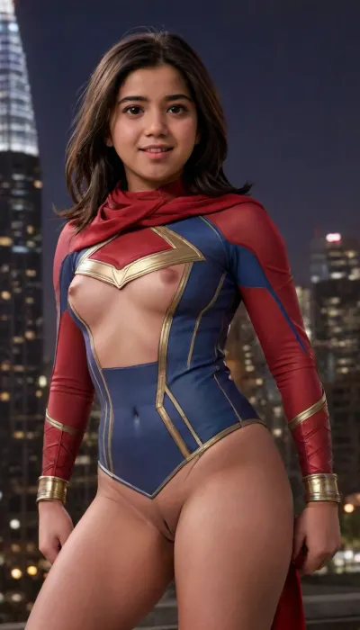 hentai, nsfw, uncensored, 1girl, ms marvel, (kamala khan), masked, cute expression, shy smile, full body, detailed face, detailed hair, very tight costume, (bottomless, nude lower body), (((exposed vagina))), puffy vagina, bold pubic hair. 4k, highly detailed digital painting, avengers tower background, night, flying objects, action pose, braless, Wearing, clothes, that, make, sense, with, Braless>, red scarf, wind blow, front light, rimlight, bold shadow, medium shot, tilted angle, sharp color, clear focus, <lora:Kamala_Khan_XL:.8>, <lora:nudity_v02_i1300:.7>, <lora:bralessSDXL_v1_00022:.8>, <lora:add-detail-xl:.8>