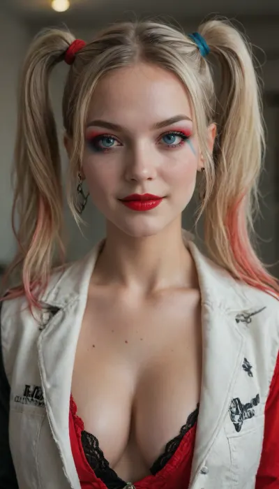 Harley Quinn, 1girl, solo, long hair, breasts, looking at viewer, smile, blue eyes, large breasts, cleavage, twintails, jewelry, medium breasts, collarbone, jacket, upper body, earrings, eyelashes, makeup, swept bangs, piercing, lipstick, eyeshadow, spot color, red lips