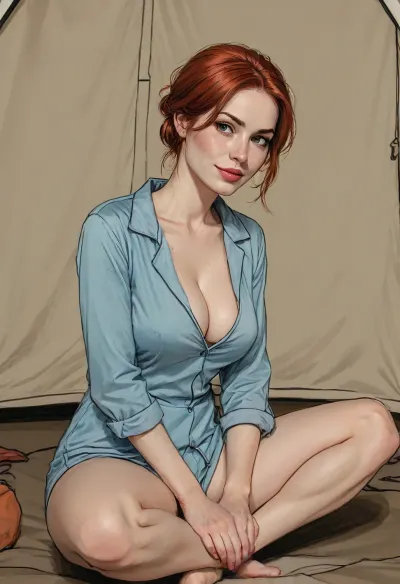 score_9, score_8_up, score_7_up, line art., ((A detailed pencil drawing with clean lines and meticulous shading)), sketch of a beautiful housewife in a camping tent, slender body, open flannel shirt and panties, very short hair, kneeling, cleavage, smiling mischievously, supermodel face, big lips, long eyelashes, handslora, soft features, and a serene expression, ((drawing have delicate shading and intricate details, capturing the essence of the subject with fine pencil strokes)), ((background is simple, allowing the focus to remain on the portrait itself)), drawing by NTY, v0ng44g, sk3tch, .8>, ratatatat74, <lora:sketch_it:1.3>, <lora:ratatatat74-000050:.8>