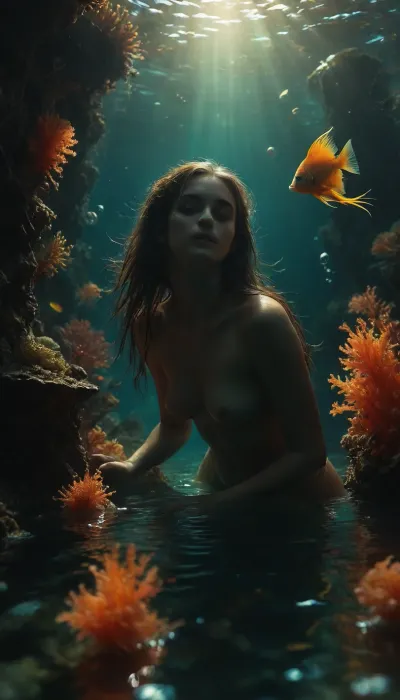 A slim, athletic 22-year-old woman, (hard perfect nipples:1.3), and her companion glide through a magical underwater world filled with, (glowing coral:1.5), iridescent plants, and fantastical sea creatures, (jelly dragons:1.4), luminescent serpents, (glowing angelfish:1.4), gracefully dives with their hair floats weightlessly around them, catching the light in gentle waves. The water is crystal clear, with subtle ripples and light refractions dancing on her skin. Small air bubbles rise around her, weightless movements, (hands touch pussy:1.6), eyes meet. Creatures swirl around them, leaving trails of light across skin and suits. Cinematic lighting, ultra-detailed, 8k, non-explicit, subtly erotic, dreamlike, Cinematic lighting, dreamlike., underwater, grotto, cave, sandy, sea, floor, reef, <lora:MJ52:2>, <lora:saturated_colors:1.6>, <lora:Black and white art.V1:2>, <lora:add-detail-xl:1.7>, <lora:Underwater_Environment_v01-000002:1.1>