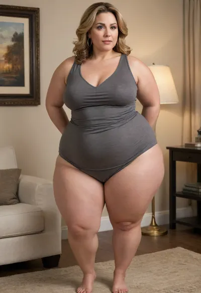 Create a photorealistic, ultra high-resolution full-body portrait of a mature Macedonian woman in her mid-50s. She has a warm, confident presence and a naturally curvy, pear-shaped figure with wide hips, thick thighs, and a softly defined waist. Her posture is relaxed and self-assured, sitting with one leg slightly bent in a natural contrapposto stance. Her arms rest gently at her sides, fingers relaxed, conveying ease and emotional warmth. She is very full figured with a large BBW figure, and massive wide hips.

Her face is expressive and detailed, lightly tanned skin with realistic mature texture, faint forehead lines, crow’s feet around her eyes, and soft nasolabial folds. She has captivating light gray eyes with flecks of gold, framed by long dark lashes and thick, naturally arched expressive eyebrows. Her lips are full and softly curved, wearing lipstick with a satin finish. Her expression is gentle and inviting, with a subtle smile that reflects warmth and personality.

Her hair is shoulder-length, layered, and styled naturally with caramel-blonde highlights over a amber base. It is parted slightly off-center, with gray strands tucked behind one ear revealing a large gold hoop earring, while the rest cascades softly over her shoulder. The hair texture is realistic, with natural shine and movement with mature features.

She wears a sleeveless long shirt made of soft cotton blend fabric. The neckline is a deep scoop, showing her collarbones safely. Her highwaist leggings are form fitting and tailored to fit her, draping naturally over her hips and thighs. The outfit is styled tastefully, emphasizing comfort, maturity, and body-positive realism.

Lighting is soft and cinematic, highlighting her facial features and contours without harsh contrast. The background is a softly lit living room with neutral tones, beige carpet, off-white walls, and a warm lamp glow. The setting conveys intimacy, safety, and emotional authenticity. The overall tone is respectful, body-positive, and emotionally expressive.

--camera settings, DSLR depth of field, 85mm lens equivalent, f/2.8 aperture, ISO 100, natural white balance--, bottomheavy, huge, gigantic, thick, thighs, massive, plump, skindentation, chubby, bbw, venus, body, big, breasts, ass, anaxos, wife, cameltoe, <lora:bottomheavy_v1_sdxl_LoRA:1.7>, <lora:Chubby BBW - XL:.8>, <lora:Anaxos_wife-000003:.8>, <lora:Microwaist_XL_v01:.3>