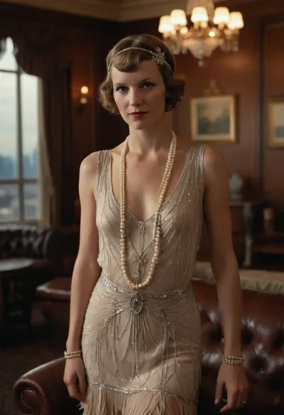 cute portrait of Amelia Earhart, full body, hotel penthouse lounge, overstuffed couch, ornate decorations, skyline, (1920s), (wearing a sexy flapper dress with a short skirt and a deep V neckline), bead necklace, tiara with a feather