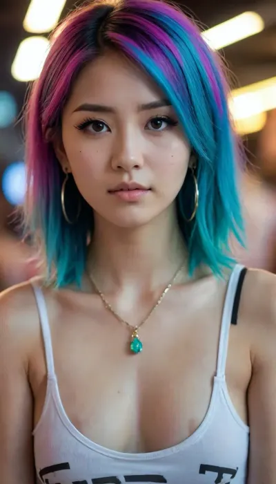 asian, 18 years, small face, small body, long hair, crop top, emo, neon colored hair, earrings, necklace