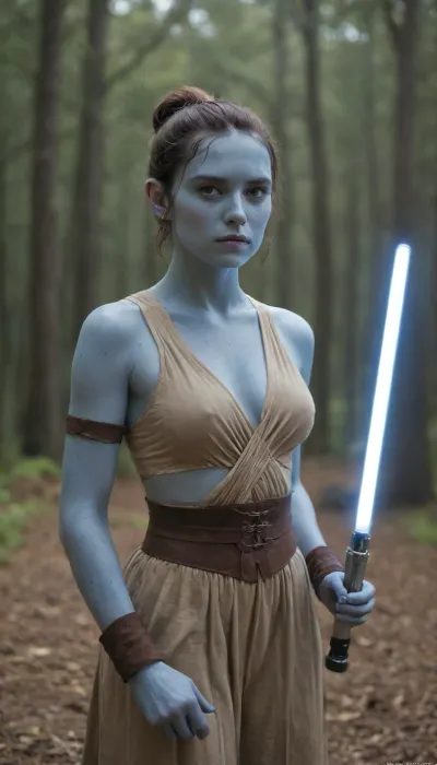 cinematic film still of, Aayla Secura a blue skin color woman in a star wars outfit holding a light saber sword In Star Wars Universe, shallow depth of field, vignette, highly detailed, high budget, bokeh, cinemascope, moody, epic, gorgeous, film grain, grainy, <lora:Rey:1.5>