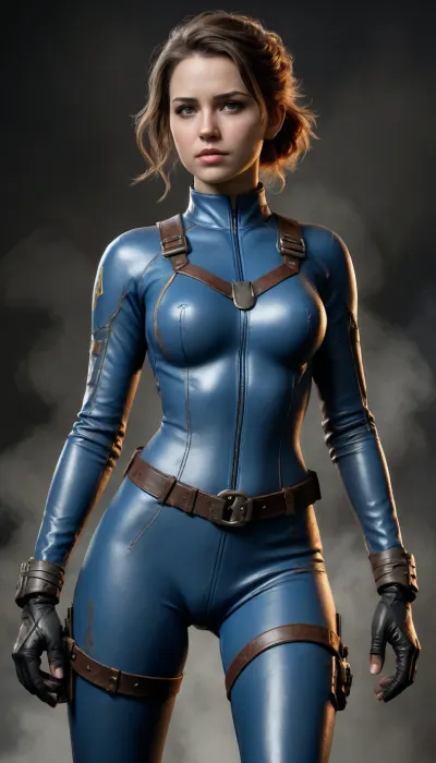 Fallout, Vault Girl, blue jumpsuit with leather shoulder harness and leather protective pads, long legs, symbolism, full-length, sketch, graphic, gray-brown, black background, smoke, cell-shading, traces of movement visualization, acceleration effect, Wet watercolor sketch streaks, Cyberpunk, Grunge, The harsh strokes of eroticart, Arush Votsmush