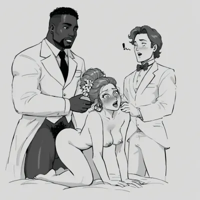 doggystyle, (white cuckold groom:1.5), (monochrome sketch:1.1), honeymoon hotel, Beautiful bride fucked by naked black intruder, surprise sex, (interracial:1.3), hairy pussy, shocked, kingofthehill, style, <lora:kingofthehillstyleXL_v.10.1:.8>, <lora:EnvyBeautyXL05:.8>