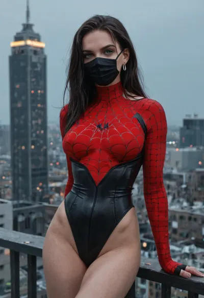 beautiful female superheroine, Caucasian, athletic and toned build, long black hair flowing behind her, large soft natural breasts, ((wearing a sleek black tactical super suit, leotard with a bold red spiderweb pattern across the torso and shoulders)), transparent, red lower face mask covering nose and mouth, expressive determined eyes, detailed fabric textures with realistic stitching and subtle wear, standing on the edge of a city rooftop at night, soft moonlight reflecting off nearby glass buildings, dynamic heroic stance, faint wind moving hair and suit fabric, cinematic lighting, ultra-realistic photography, depth of field, sharp focus, lifelike skin texture, 8k RAW detail, subtle film grain, grounded superhero realism