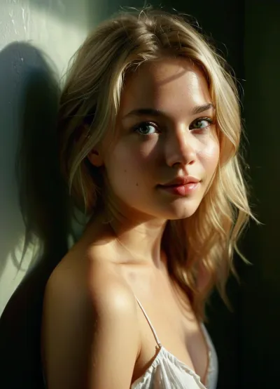 16, 15, 17 or younger, young cute girl, petite, barely legal, ultra realistic, shy face, shy expression, details added for realism, perfect face, realistic skin, haircut, perfect face and soft pink makeup, georgeous girl, shy looking, looking, shy, ((ultra realistic Photography)), showing a blonde woman, standing in her bathroom. she is only wearing white pants, she is smiling, looking around, (black and white), peter lindberg style, light and shadow, on the wall, like Yin and Yang, dark ambiance, The scene has soft, nostalgic tones, capturing the lingering love with a gentle storybook aesthetic, green, eyes, blue, brown, perfecteyes, dark, chiaroscuro, low-key, <lora:PerfectEyesXL:.5>, <lora:MJ52:.5>, <lora:zavy-cntrst-sdxl:.5>