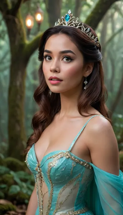 female in a mythical forest, masterpiece, perfect face, intricate details, horror theme, epoxy_skull, Anna, Ariel, Aurora, Cinderella, Elsa, Rapunzel, Pocahontas, Mulan, Tiana, Tinker-Bell, Snowwhite, Megara, Classy, Elegant, Glam, Chill, Adjusting, hair, Provocative, Moana, Esmeralda, HorrorBabes, <lora:epoxy_skull-sdxl:1.2>, <lora:Cine Princesses:.8>, <lora:HorrorBabes:1.7>