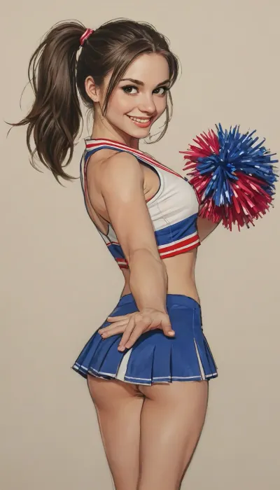 score_9, score_8_up, score_7_up, ((A detailed pencil drawing with clean lines and meticulous shading, sketch of a beautiful cheerleader)), slender body, colorful cheerleading uniform, dark hair in ponytail, large natural breasts, 20 years old, cleavage, smiling, supermodel face, big lips, long eyelashes, handslora, soft features, ((drawing have delicate shading and intricate details, capturing the essence of the subject with fine pencil strokes)), ((background is simple, allowing the focus to remain on the portrait itself)), drawing by NTY, v0ng44g, sk3tch, .8>, ratatatat74, <lora:sketch_it:1.3>, <lora:ratatatat74-000050:.8>