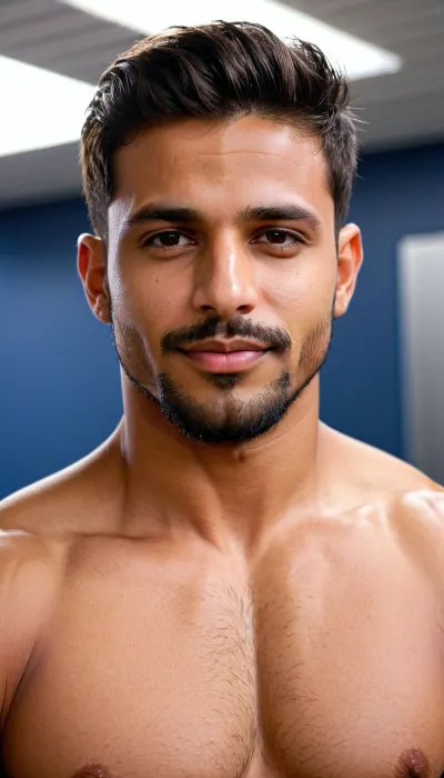 Athletic mesomorphic, broad shoulders, defined arms and biceps, defined strong legs Trim, waist, low fade mid fade sides, lineup shape up in the front, sharp edged fore headline, short even textured top, taper, cleanly around the ears, and neck line, short, well groomed, stubble, even thickness, not patching a 0.5 to one guard beard, a short shaped goatee that connects to a thin mustache like double stronger hair on the chin, giving it a defined goatee, eyebrows are medium, thick with a natural arch toward the outer end, looking very groomed, pointing his large circumcised penis at viewer in a low camera angle actions scene, and big smile, desi Indian ethnicity, nice biceps, enormous juicy ass, excessive sweat, 8K, HD, amazing quality, (photorealistic:1.2), masterpiece, best quality, hyper detailed, ultra detailed, Seductive eyes, masculine, short haired face, bigger areolas, foreground objects dust and volumetric lighting, low cinematic lighting, realistic anatomy, airport tsa line, Full body view, <lora:!action-sdxl-V0.5:1>, <lora:xpenis-1.5e:1>, <lora:SDXLHighDetail_v6-000005:1>