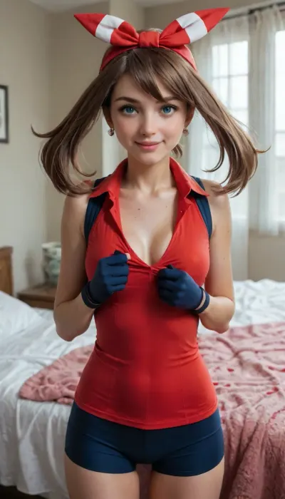 May from pokemon. Smile, 22 years old, nude, medium breasts, athletic build, boobs exposed, flashing her boobs, bed, bedroom, May, (/pokemon), /, (ultra, HD, quality, details), brown, hair, blue, eyes, long, twintails, shorts, collared, shirt, gloves, skirt, red, short, sleeves, white, bandana, 1girl, may_\, (pokemon\), collarbone, highres, eyelashes, red_shirt, bow_hairband, sleeveless_shirt, absurdres, bike_shorts, <lora:May_-Pokemon_sdxl_NSFW:.5>, <lora:may_(pokemon):.5>