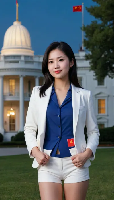 1women, pretty, salutes, China flag, black hair, blue sky, smile, flag, flag_background, formal, jacket, no pants, outdoors, realistic, suit, white house at background, detailed photo, photorealistic photo, realistic night vision, soft focus. #KITTYART






























#KITTYART