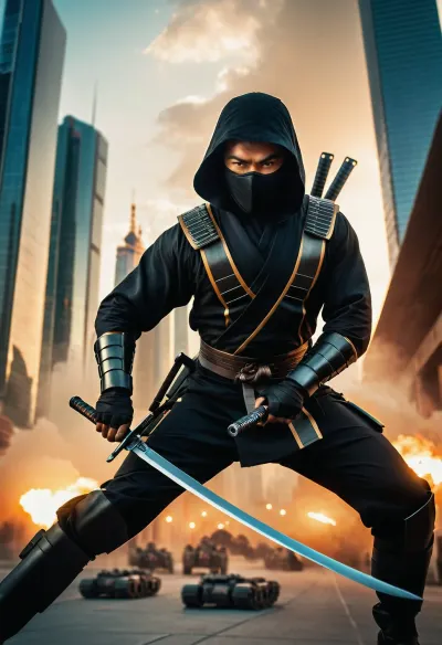 an unusual original fine art warm slight dark soft professional photography of {photo of mechanized ninja engaging blades against an enemy within a futuristic cityscape, character portrait. It's a casual photo.}, Associated Press photography, editorial photography, Photo Of The Year, soft contrast, soft saturation.