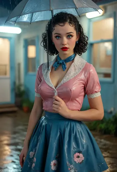 Strong 1950s retro vibe, look over the shoulder, in 1951 a breathtakingly beautiful very busty black-haired 18-year-old coed dressed for a sock hop stands outside a college gymnasium in the pouring rain, very large natural breasts, button-down shirt, neck scarf, (blue pleated latex poodle skirt decorated with an embroidered poodle), white lace socks, saddle shoes, makeup, beautiful expressive eyes, romantic, nighttime, lots of rain in the air, retro 1950s hair and makeup and clothes and setting, masterpiece, key visual, incredibly detailed, score_9, soakingwetclothes, magazine cover, best quality, ultra-detailed, finely detail, highres, 8k wallpaper, intricate, highly detailed, insanely detailed, best lighting, perfect illumination, (best illumination), (best shadow, best shadows), full scene picture, full-length photo, ((ultra-detailed)), (intricate details:.6), professional photography, photo-realism, award winning photography, dslr, hyperrealistic, 35 mm, (Fujifilm XT3, analog style, professional DSLR photo, film grain:.8), 8k high definition, Great Composition, highly complex, (intricate detail:1.2), Ensure ultra-high-detail, photorealism, and crystal clear 32k resolution for a true masterpiece, hdri light, realistic lighting, ultra high resolution, clear focus, depth of field, 32k, 30 mm lens, 1/250 s, f/2.8, ISO 300, UHD 8K, high resolution face, perfect anatomic body, perfect waist, extremely beautiful face, <lora:soakingwetclothesXL:1.4>, <lora:MJ52:.8>, <lora:add-detail-xl:.8>