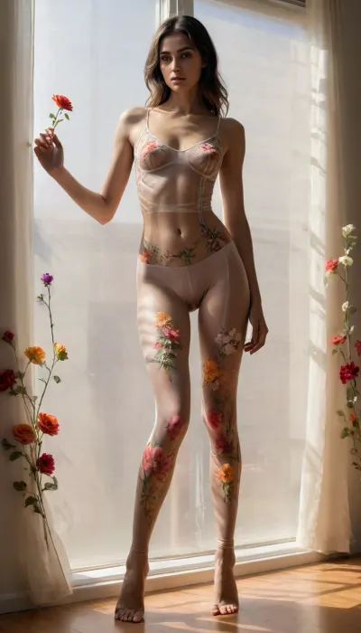 artistic fashion shot — focus on Iranian model's legs bent at artistic angle, wearing sheer nude leggings with floral embroidery and side-slit cuts, the flowers from the legends smoothly turn into a pattern of flowers on the body floral body paiting. light streaming through blinds casting striped shadows, warm tones, moody studio atmosphere, BadX, <lora:xl_more_art-full_v1:.8>, (Oil Shine on Body), (body glistening with oil:1.3)
