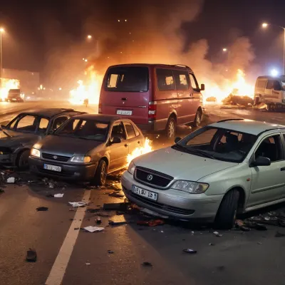 A car accident, on the motorway, in the middle of the night, pile-up, ((injured bodies inside and outside the vehicles lying on floor)), lots of vehicles involved in accidents, (fire, explosions), (broken vans and cars)