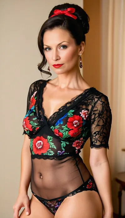 (((Full body:1.4))), prim and proper Brunette Woman, Lithuanian, (milf:1.2), 48 years old slutty stepmother, dressed by her horny 19 year old stepson, bright red lipstick, thick dark eyeliner, black mascara, long false eyelashes, stern, frowning, hair in a tight double bun, dressed in floral pattern nylon panties with lace trim, detailxl, reij-snrs, light, and, shadow, by, <lora:sunriseSDXL-000009:.8>
