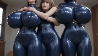 extreme close look upwards to the face from near below, in a school room, hands squeezing the clothed in red and silver latex asses, cameltoe, (hugging arms, squeezing each other's ass), (huge tits in latex pressing to dark blue latex suit:1.8), narrow waist, realistic, thin waist, 3/4 body view, (shown from the crotch up to the face:1.5)