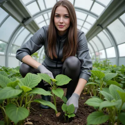 Photorealism, photorealistic, realistic, {a woman in a tight-fitting metallic jumpsuit grows seedlings, planted in a module that is clearly drawn, very creative, spaceship creative and cool, beautifully drawn}, lifelike, highly detailed, ultra-realistic, cinematic lighting, 8K