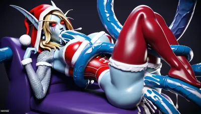 (Sylvanas Windrunner from warcraft), slender body, firm buttocks, fit toned body, thick thighs, muscular thighs, strong legs, (wearing A figure-hugging bustier in classic Christmas red, made of shiny velvet with white faux fur trim along the neckline. The cut is low and sweetheart, . Sheer mesh sleeves with a snowflake pattern), massive gigantic long puffy mega erect very huge tentacle erect horsepenis halfway up in anal, missionary, massive cum, effervescent orgasm, tentacle double penetration, deep throat, boobjob
