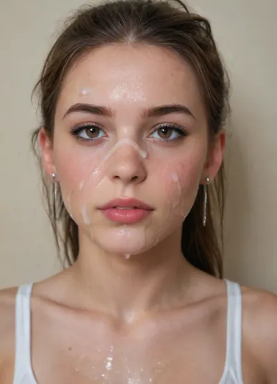 Ultra-realistic portrait, ((macro Closeup bukkake face)), camera very very close to face, of a athletic, slender natural beauty supermodel with pale skin drenched in semen from face to body, long dark brown hair styled in a thick ponytail, black hair tie, brown eyes, and subtle, decent makeup. Her face is softly oval, framed by natural brows and a Apologetic, regretful face expression, thick semen is Apologetic from her lips, she has several shots of Cum semen on her face, The scene is set in a stylish, avant-garde urban workout gym lounge with innovative architecture, 8k., facialized, superfacialized, bukkake, <lora:facialized:.8>, <lora:JustCum:.8>, <lora:cum_in_eye_deepmind:.8>