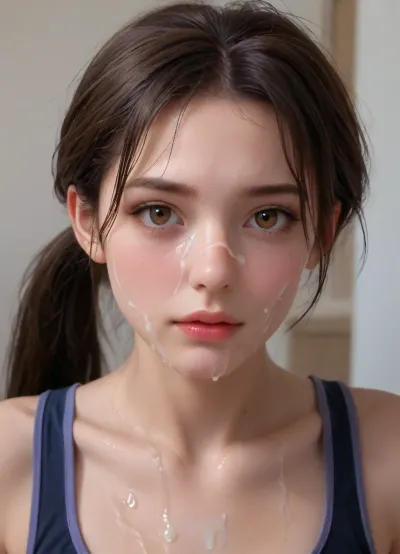 Ultra-realistic portrait, ((macro Closeup bukkake face)), camera very very close to face, of a athletic, slender natural beauty supermodel with pale skin drenched in semen from face to body, long dark brown hair styled in a thick ponytail, black hair tie, brown eyes, and subtle, decent makeup. Her face is softly oval, framed by natural brows and a Apologetic, regretful face expression, thick semen is Apologetic from her lips, she has several shots of Cum semen on her face, The scene is set in a stylish, avant-garde urban workout gym lounge with innovative architecture, 8k., facialized, superfacialized, bukkake, <lora:facialized:.8>, <lora:JustCum:.8>, <lora:cum_in_eye_deepmind:.8>