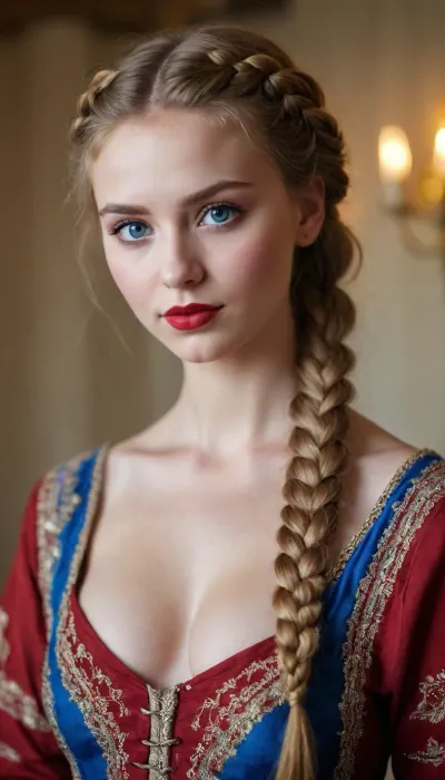 portrait of the upper body of a very beautiful Russian rural 18-year-old girl with big blue painted eyes and red lips, with thick golden hair braided in a magnificent braid, cleavage, accent on the face