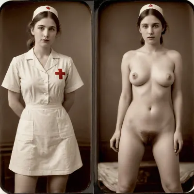 1917, (((Beautiful Red Cross Nurse from the 1917s))), amateur model, pretty face, amateur photo, brunette, attractive, 28 years old, (((taken with a daguerreotype camera:1.5))), (large natural breasts:1.1), natural breasts, (hairy pussy:1.4), (full body visible), straight hair, ponytail, (same person, same pose, same angle), (2 split screens, 2 split views, on/off:1.2), (in a 1917 Red Cross Nurse costume), (early 20th century background), BREAK, <lora:OnoffXL_ExtraCrispy:1>