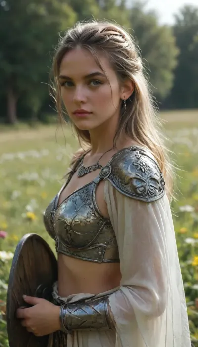 a field of wildflowers, in the center of the field stands a Viking shield maiden, her platinum blonde hair flowing in the gentle breeze, her green eyes fierce and unyielding, she wears a suit of low cut skimpy armor, the metal gleaming in the sunlight, flowers in her hair, her shield is adorned with intricate carvings of dragons and serpents, she's holding a sword in one hand, <lora:lora-sdxl-perfect-eyes:2>, <lora:sydney_lora_sdxl_v1-000008:2>, <lora:MJ52:2>