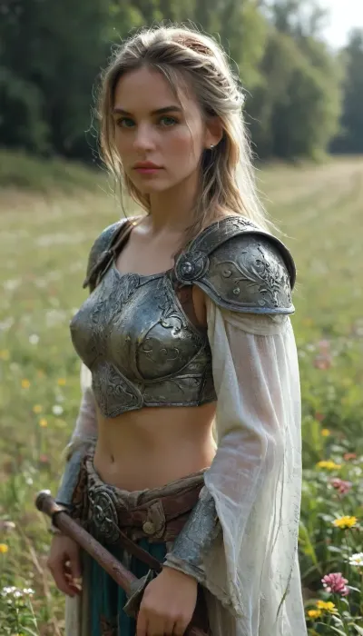 a field of wildflowers, in the center of the field stands a Viking shield maiden, her platinum blonde hair flowing in the gentle breeze, her green eyes fierce and unyielding, she wears a suit of low cut skimpy armor, the metal gleaming in the sunlight, flowers in her hair, her shield is adorned with intricate carvings of dragons and serpents, she's holding a sword in one hand, <lora:lora-sdxl-perfect-eyes:2>, <lora:sydney_lora_sdxl_v1-000008:2>, <lora:MJ52:2>