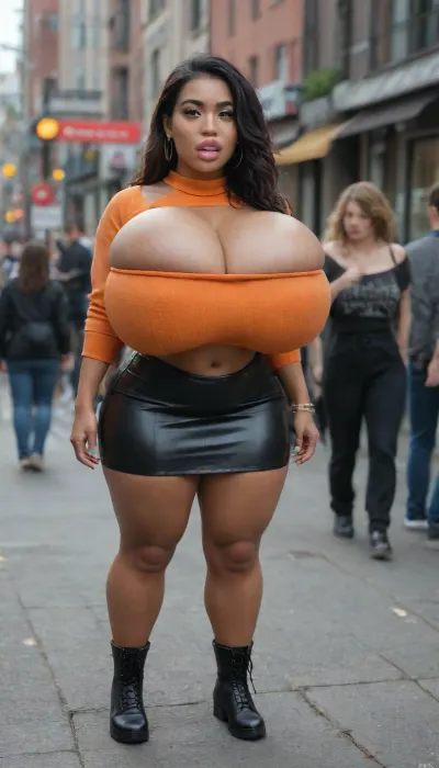orgasmic seductive African prostitute Woman at a brothel and some Asian girls working on clients, (absolutely black skin:1.45), (very massive very droopy breasts:1.45), (filled lips:1.6), (very overflowing cleavage:1.35), long green nails, orange tube bandeau sweater, black leather micro skirt, high plateau boots, orgy, FFFM
