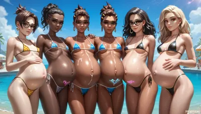 5 women from Overwatch, slim body, tiny-waist, very small breasts, dark olive skin, wear a undersized tight bikini, heartshaped womb tattoo on stomach, pregnant, breast milk