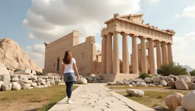 Photorealism, photorealistic, realistic, {ruins of the Parthenon, (It represents the pinnacle of classical Greek architecture and is known for its unique architectural features, such as entasis, (curvature of columns), and a dual architectural style combining Doric and Ionic elements. Its history is also notable for the fact that for more than two and a half thousand years it was a temple and a Christian church. The main image shows a girl, an architect, walking through the ruins of the Parthenon), highly detailed, ultra-realistic, cinematic lighting, 8K