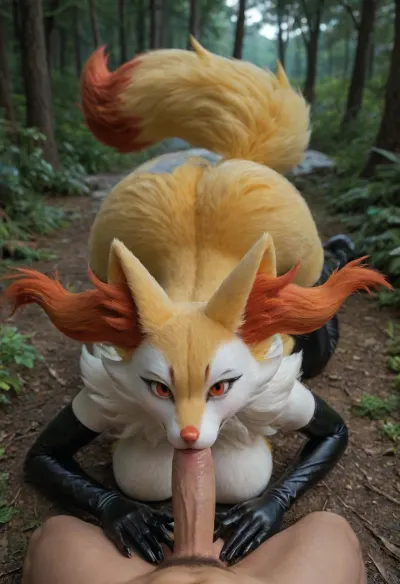 ((Anthro, braixen from pokemon)), 5 fingers, anthro, anthrofied, big breasts, ass, thighs, skinny body, red eyes, (glossy glistening body, shiny fur, shiny breasts:1.25), (arm gloves), breasts, dark forest, night, claws, female, finger claws, fingers, fur, deepthroat, (high view, male pov:1.1), looking at viewer, (((furry art, furry woman))), <lora:add-detail-xl:1.6>