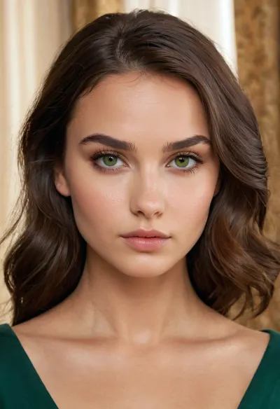 young woman with a hyperrealistic face, delicate oval shape, high cheekbones, smooth luminous skin, slightly full lips with defined cupid’s bow, straight narrow nose, striking light green eyes with long dark lashes, subtly arched eyebrows, soft natural makeup, dark wavy hair that falls around the face, sometimes with curtain bangs or short messy bangs, expressive gaze, refined symmetrical facial proportions, photorealistic texture, ultra-detailed pores, natural lighting, lifelike realism, close-up image