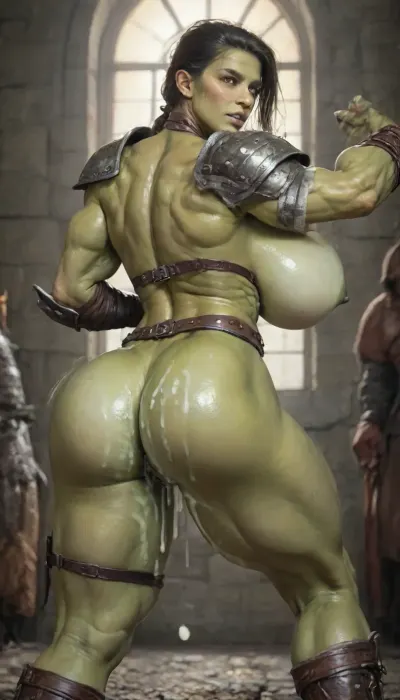 beautiful muscular athletic female orc, beautiful muscular extreme athletic female orc drawn in anime style with visible abs, bending over, ass facing viewer, detailed vagina, green nipples, biceps, and defined muscles all over her body, (huge muscles:1.4), (greenskin girl:1.8), (cunt dripping cum:1.6), sharp chin, sharp cheekbones, long ears, yellow eyes, (two white fangs sticking out from under her lower lip), dirty hair pulled into a disheveled ponytail at the back of her head, disgust at what is happening on her face, wide hips, extremely muscular body, extremely defined muscles, hourglass figure, perfect large round breasts, perfect muscular ass, defined body muscles, defined leg muscles, defined arm muscles, dark green nipples, in rough iron shoulder pads, (barbarian armor:1.4), body strapped with belts, standing, posing, bouncing breasts, bouncing ass, motion lines, around the interior of a medieval fortress, illuminated by the bright sun from high windows, perfect fingers, style anime, inspired illustration, oda, non, front view, faceless man, <lora:cartoon_stickers_xl_v1:1.4>, <lora:hentai_anime_style_xl_v1:1>, <lora:AnimatedNightmaresStyle:1.8>, <lora:EnvyBeautyXL02:.8>