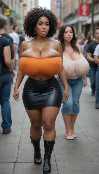 orgasmic seductive African prostitute Woman at a brothel and some Asian girls working on clients, (absolutely black skin:1.45), (very massive very droopy breasts:1.45), (filled lips:1.6), (very overflowing cleavage:1.35), long green nails, orange tube bandeau sweater, black leather micro skirt, high plateau boots, orgy, FFFM