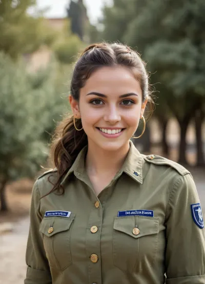 (photorealistic young Israeli female soldier:1.5), (smiling broadly with visible white straight teeth:1.4), (genuine happy expression:1.3), full body to camera.

Face details, (dark brown almond-shaped eyes:1.2), (slightly defined eye bags:1.1), (natural eyebrows:1.1), (straight nose with slightly prominent bridge:1.2), (oval face shape with high cheekbones:1.1), (warm olive skin tone:1.1), (natural skin texture, pores, slight shine, no heavy makeup:1.4), .

Hair, (dark brown hair pulled back tightly into a bun:1.3), (messy baby-hairs and flyaways visible at the hairline:1.2), .

Outfit and Accessories, (olive green IDF military button-up shirt:1.4), (shoulder epaulets with insignia:1.2), (small gold hoop earrings:1.3), (c-cup sized breasts:1.5), (flat stomach:1.5), (round-shaped bubble butt:1.5), .

Technical, (soft daylighting:1.2), (sharp focus on eyes and smile:1.3), (bokeh background:1.1), high quality, 8k resolution, raw photo style.