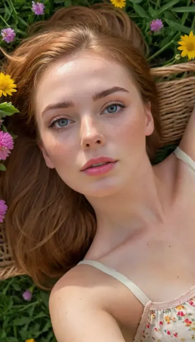 A beautiful English woman, lays on her back, leaning against a wicker basket, in a beautiful cottage garden, dripping with bright flowers, thatched cottage in the background, all bathed in the warm golden hues of a breathtaking sunset, (perfect face:1.5), (perfect nose), gentle sunset light filter through the leaves, short auburn hair blowing in the breeze, visible freckles, sun-kissed skin, 30 years old looking at the camera. her friend is laying her head on her bosom. hair pulled back into a short, ponytail, stocked back hair. She looks lovingly at the person behind the camera. Sweating profusely, skin glistening, <lora:igbaddie-XL:.8>, . Face is in perfect proportion