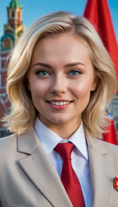 russian Women closeup, tie, soviet_flag, blonde_hair, blue_sky, day, smile, flag, flag_background, formal, jacket, old, old_man, outdoors, realistic, sky, suit, kremlin at background, detailed photo, photorealistic photo, realistic pretty women photo, realistic night vision soft focus parallax double exposure photo style. #KITTYART






























#KITTYART