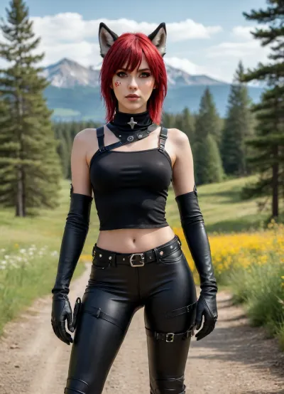 anthropomorphic female wolf character, full body picture, (similar to Loona from Helluva Boss), shoulder-length reddish-brown hair styled with bangs, prominent black markings, and bright red eyes. She has large pointed ears. She is wearing a spiked black choker, a black off-the-shoulder top with a white underlayer and a pentagram-style harness design on the chest. She is wearing tight black pants/leggings and black fingerless gloves. A brown leather backpack is slung over one shoulder. The setting is a bright, stylized outdoor landscape with rolling green and yellow hills, scattered trees in the distance, and a pale blue sky. High-quality cartoon drawing, clear lines, and simple, vibrant colors."