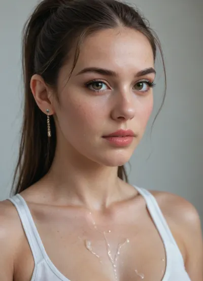 Ultra-realistic portrait, ((macro Closeup bukkake face)), camera very very close to face, of a athletic, slender natural beauty supermodel with pale skin drenched in semen from face to body, long dark brown hair styled in a thick ponytail, black hair tie, brown eyes, and subtle, decent makeup. Her face is softly oval, framed by natural brows and a Apologetic, regretful face expression, thick semen is Apologetic from her lips, she has several shots of Cum semen on her face, The scene is set in a stylish, avant-garde urban workout gym lounge with innovative architecture, 8k., facialized, superfacialized, bukkake, <lora:facialized:.8>