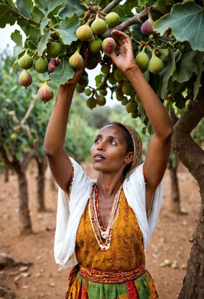 A young black Ethiopian woman in traditional clothing, with dark skin, long black hair, and large dark eyes, picks figs from a tree in the countryside. Photorealism, natural photography, bright natural lighting, full-length portrait, intricate details, atmospheric, vivid colors, photorealistic.