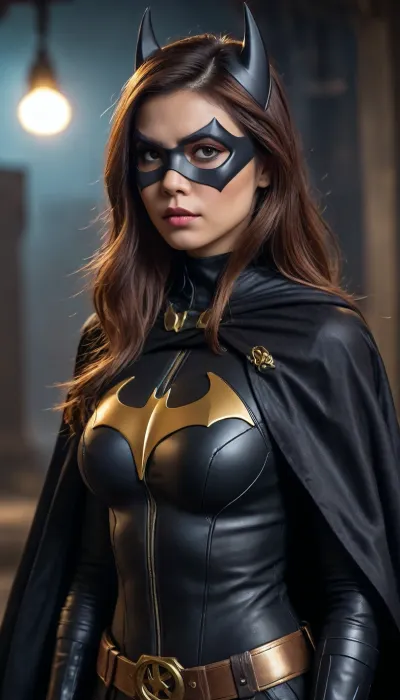 Batgirl, post-apocalyptic steampunk Asian, steampunk Batgirl, long black cape.